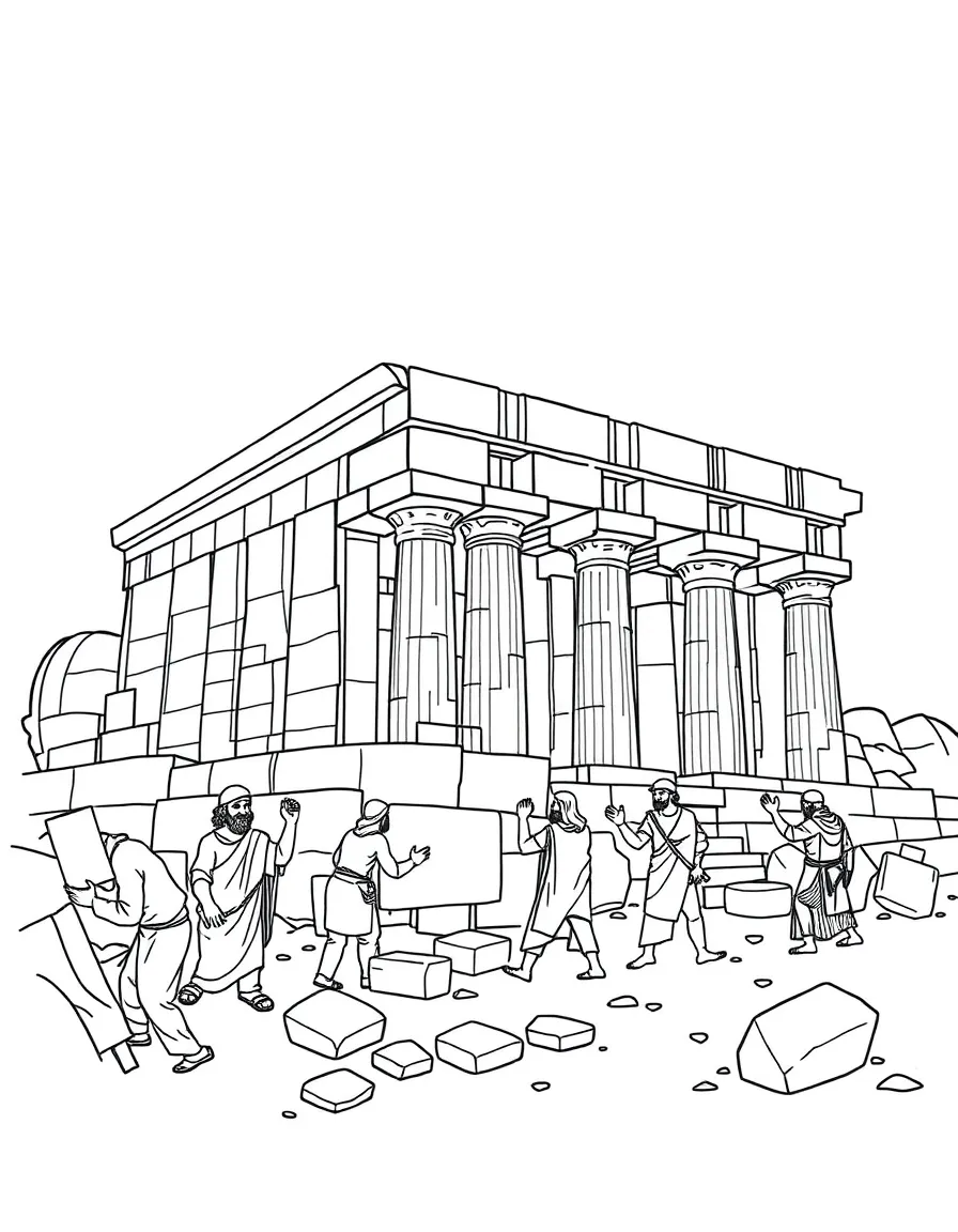 Solomon building the temple, with workers lifting stones.
