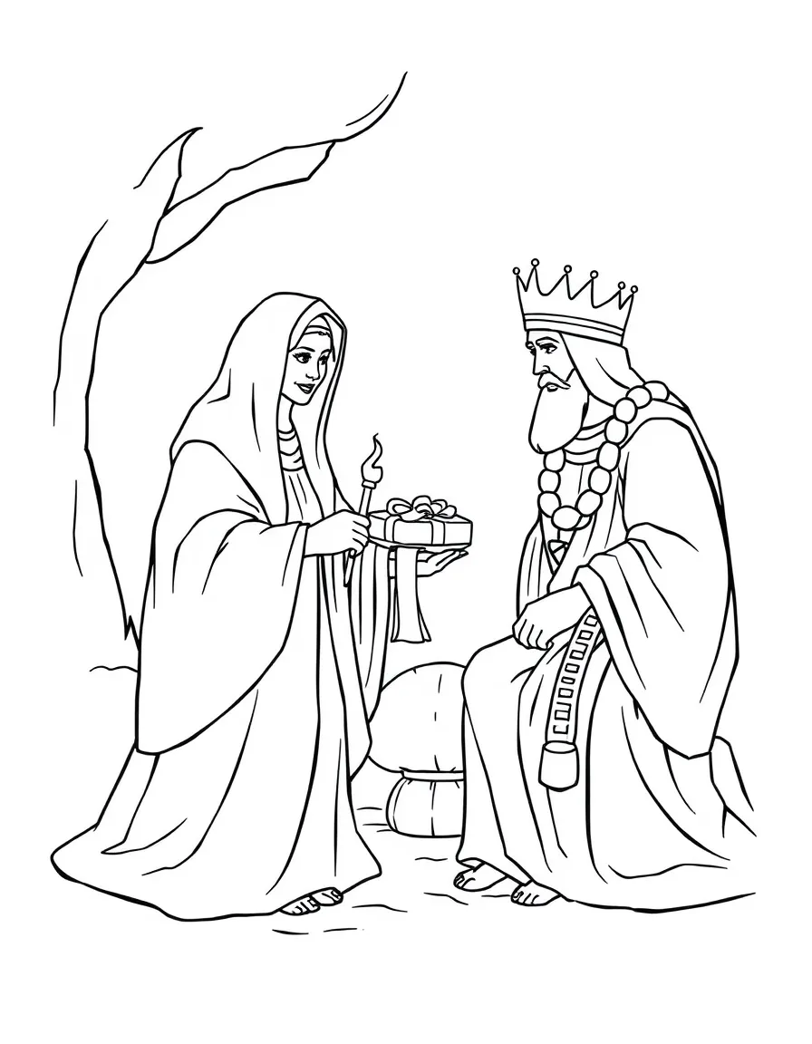 The Queen of Sheba visiting King Solomon, bringing gifts.