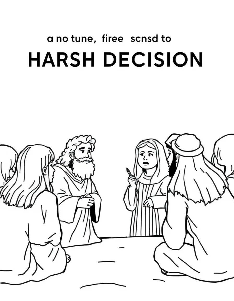 Rehoboam making a harsh decision, with people looking sad.