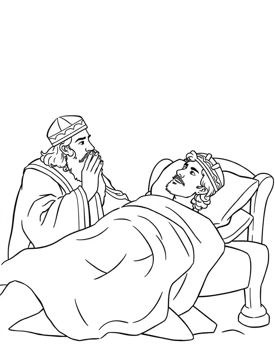 King Hezekiah praying to God to heal him, lying in bed.