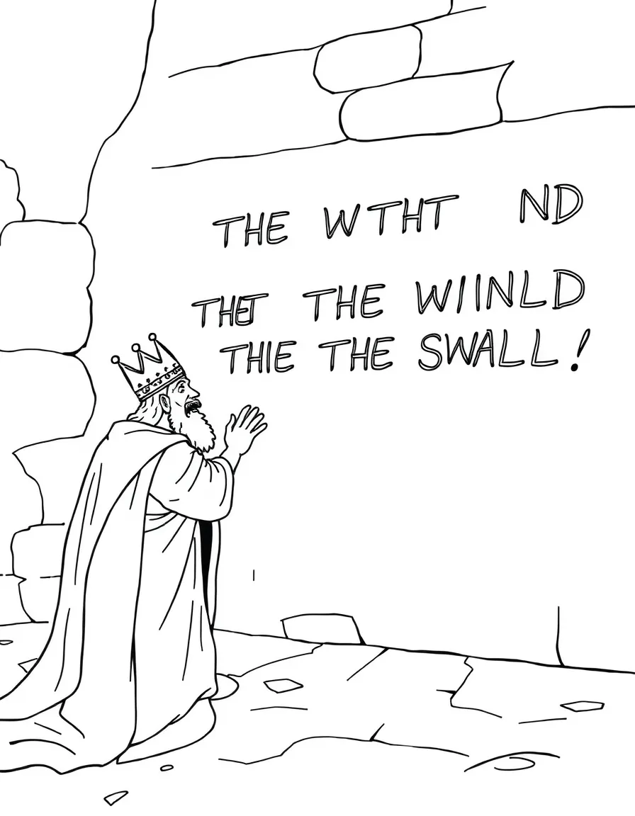 The writing on the wall, with King Belshazzar looking scared.