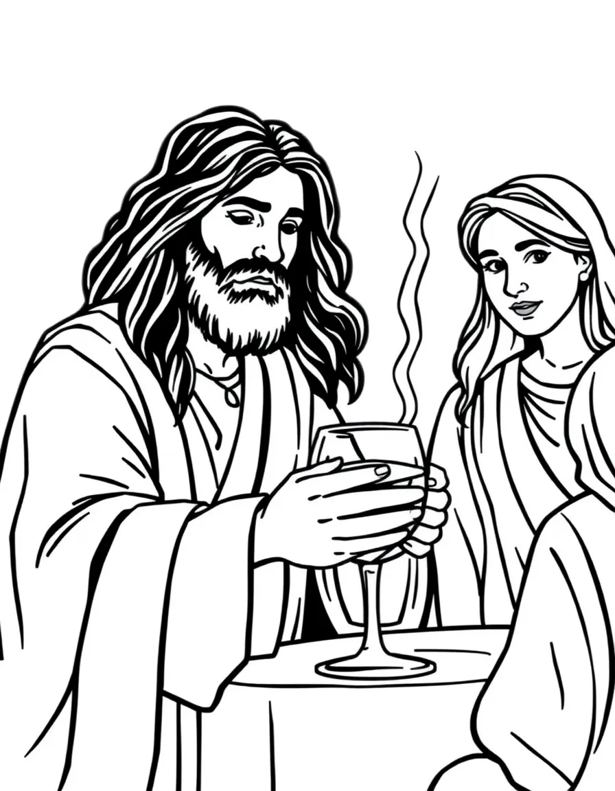 Jesus turning water into wine at a wedding in Cana.