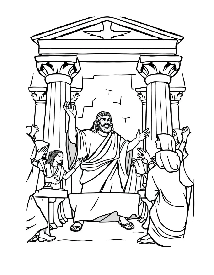 Jesus cleansing the temple, overturning tables.