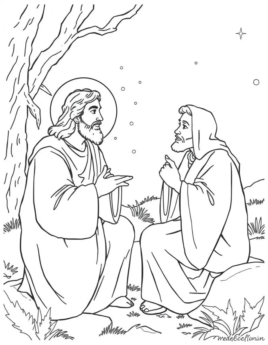 Jesus talking to Nicodemus at night.