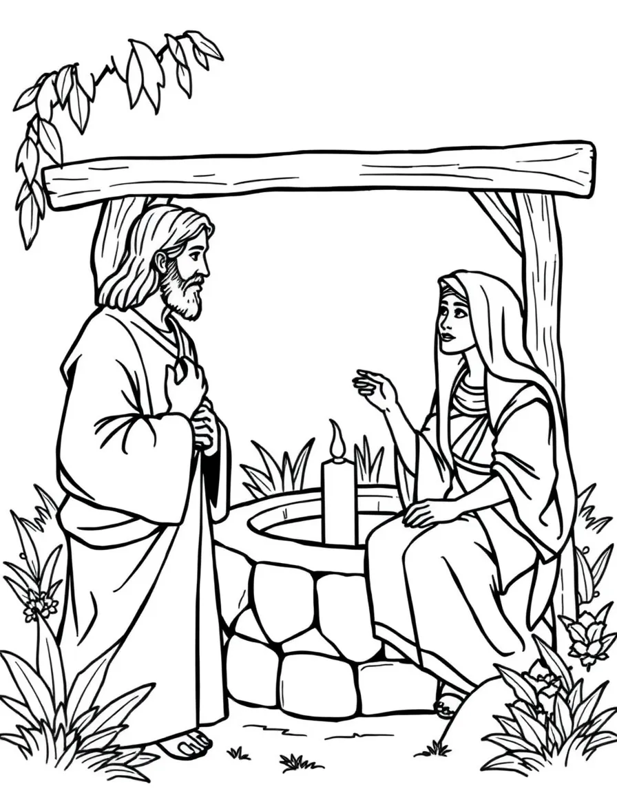 Jesus talking to the Samaritan woman at the well.