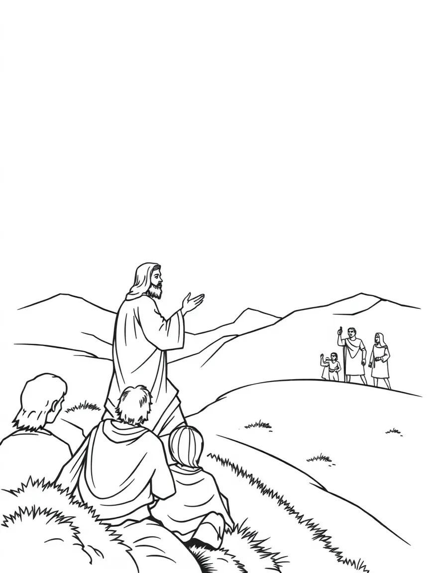 Jesus giving the Sermon on the Mount, with people sitting on a hillside.
