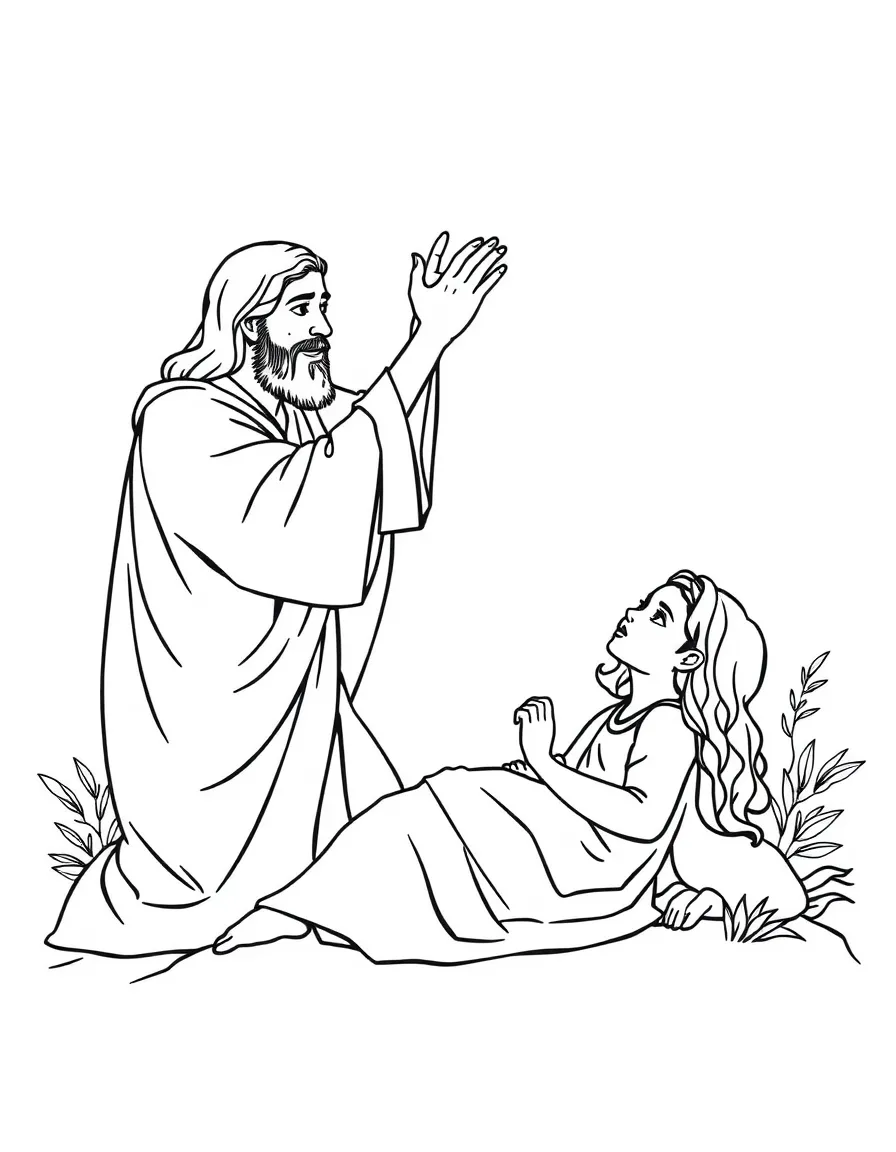 Jesus raising Jairus's daughter from the dead, with a comforting hand.