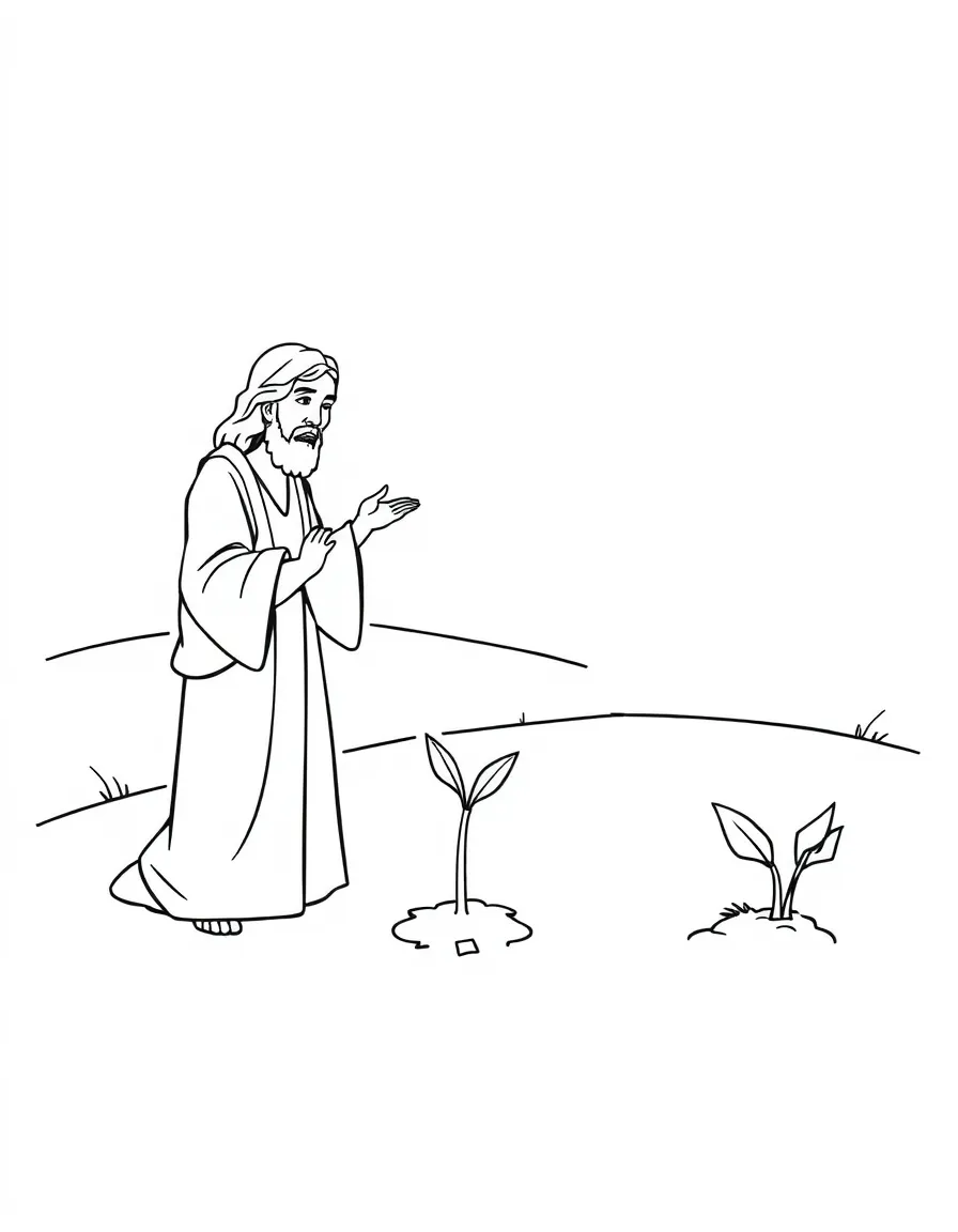 Jesus telling the parable of the sower, with different types of ground.