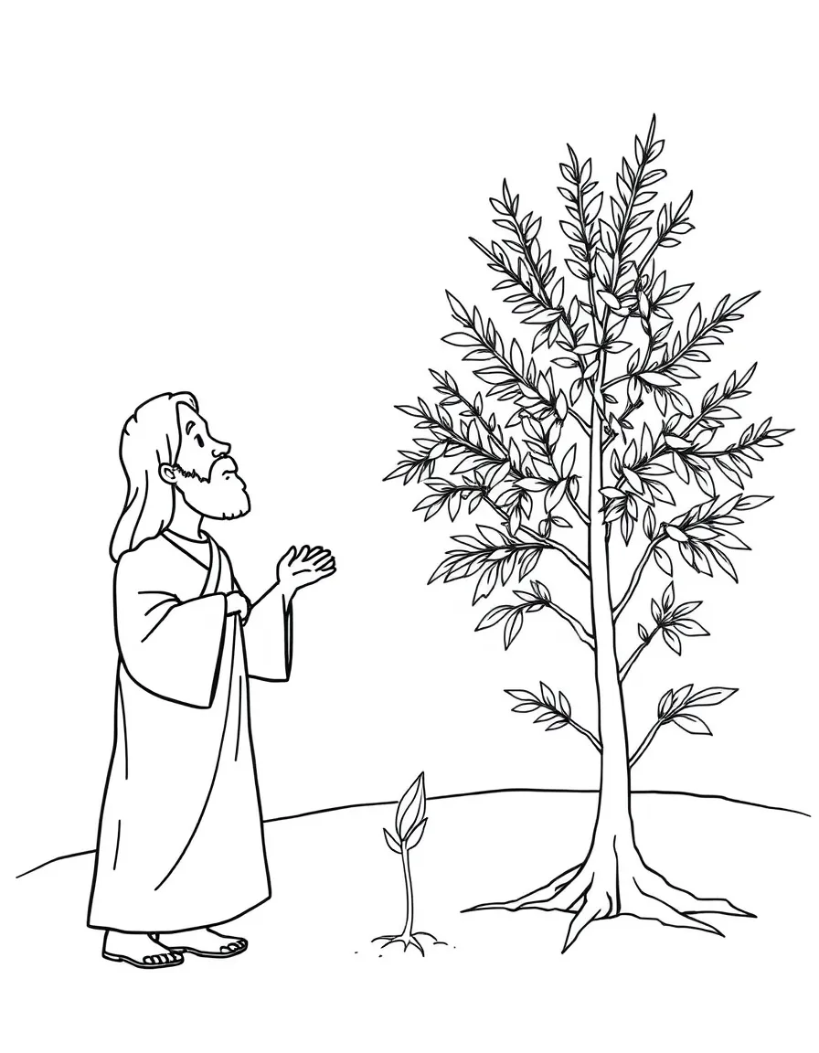 Jesus telling the parable of the mustard seed, with a tiny seed growing into a big tree.