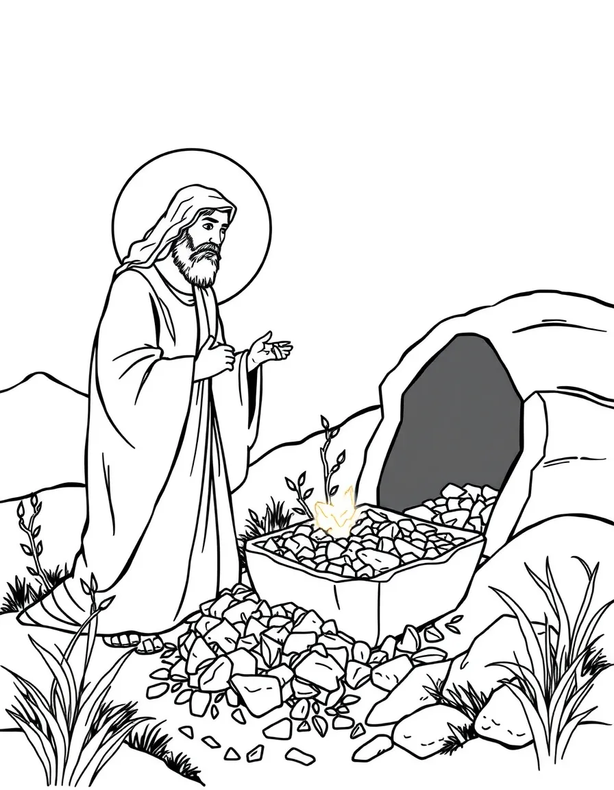 Jesus telling the parable of the hidden treasure, with someone digging it up.