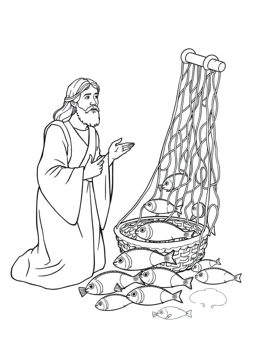 Jesus telling the parable of the net, with fish being sorted.