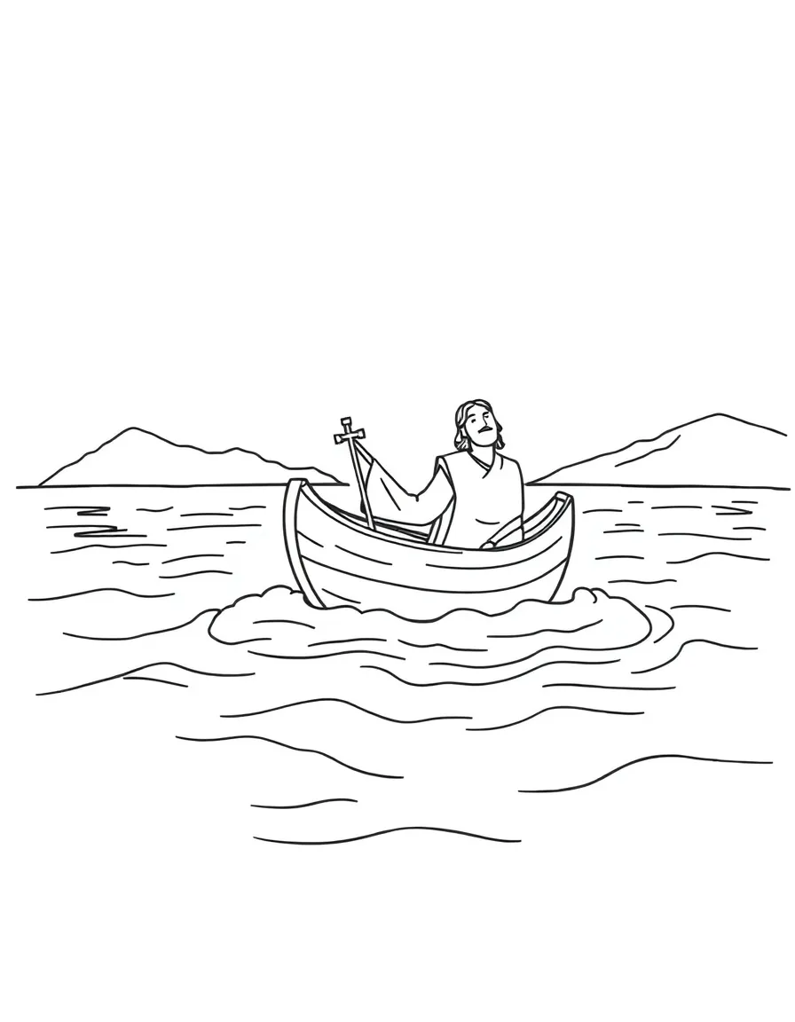 Jesus crossing the Sea of Galilee in a boat.