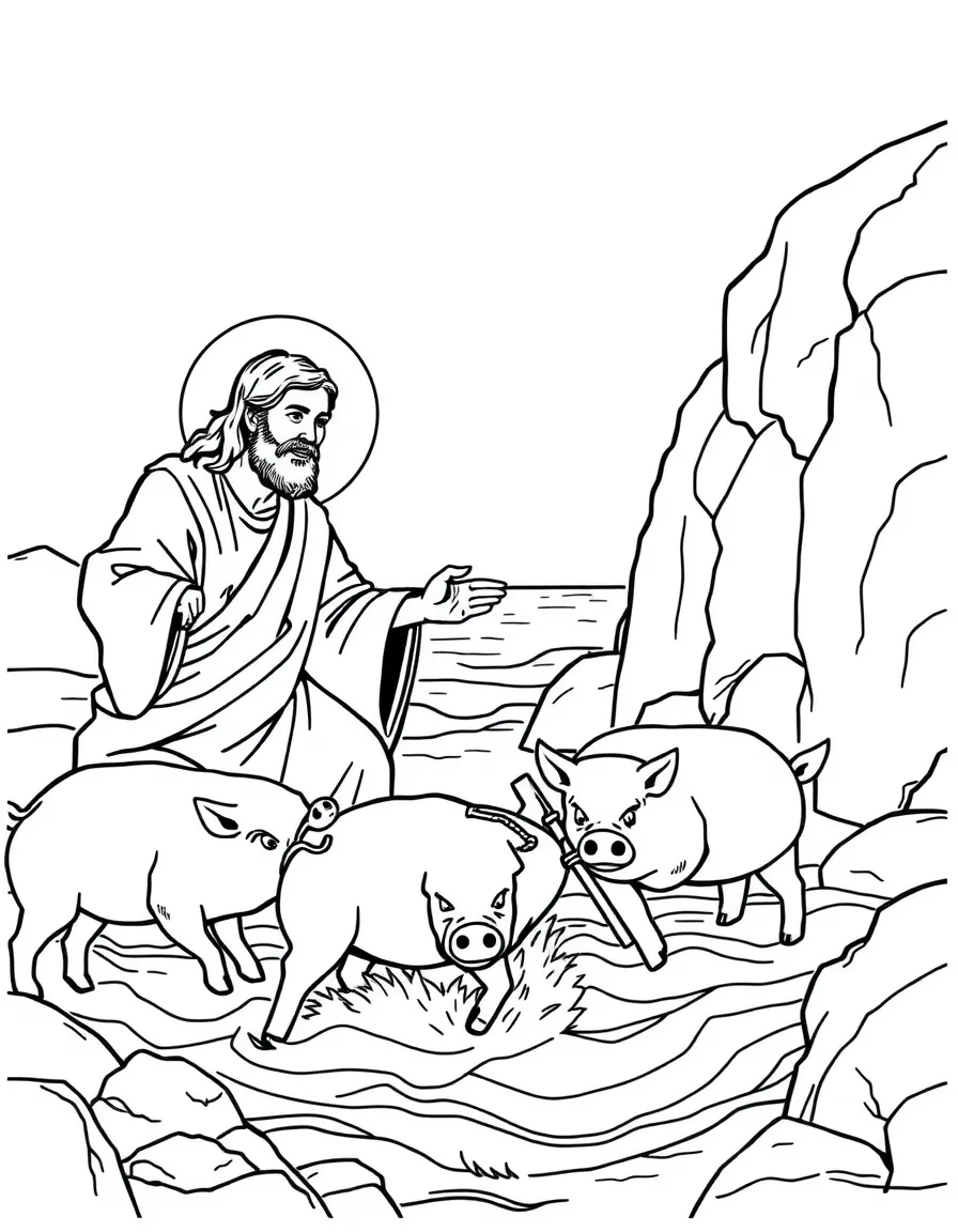 Jesus healing the Gerasene demoniac, with pigs running into the sea.