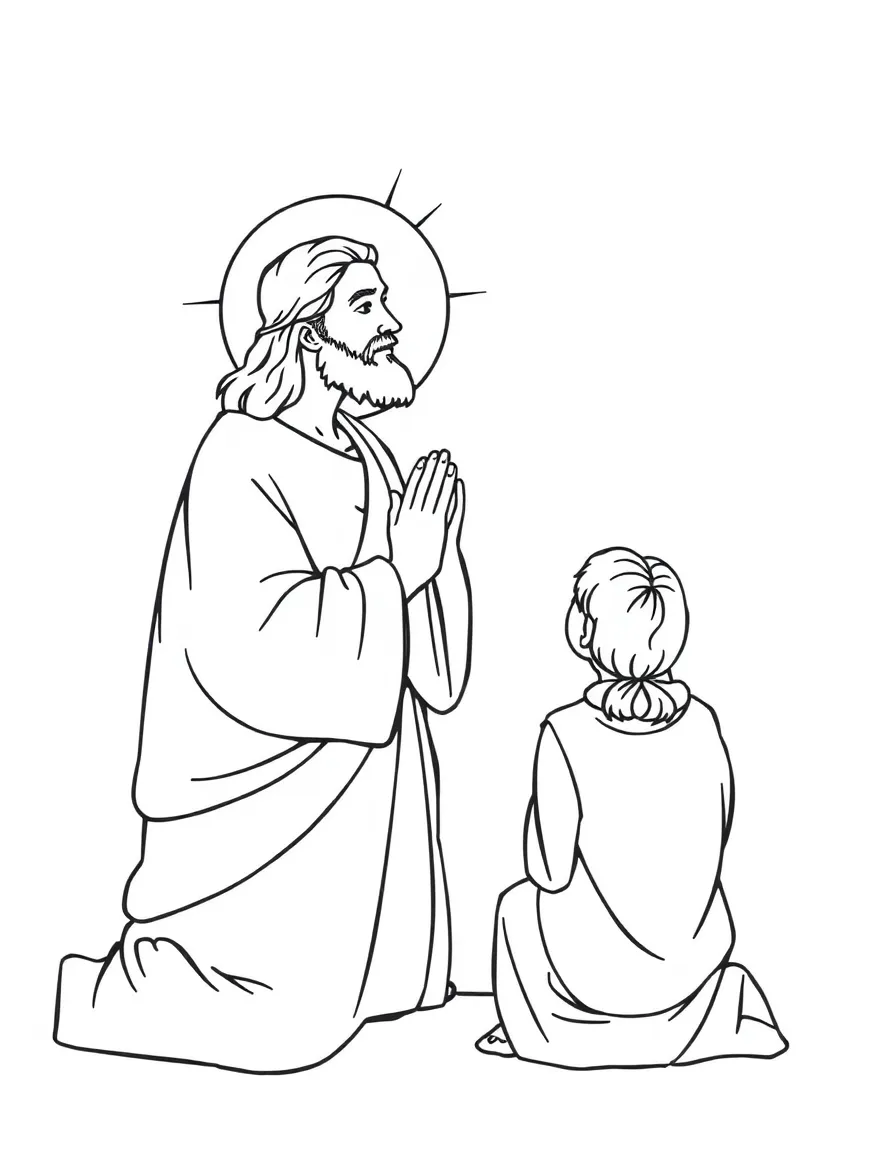 Jesus teaching his disciples to pray, with folded hands.