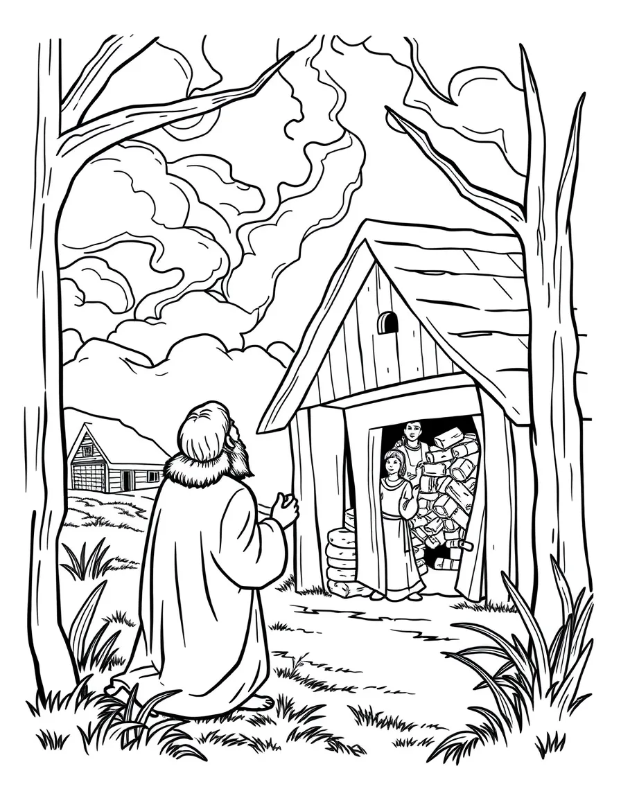 Jesus telling the parable of the rich fool, with overflowing barns.