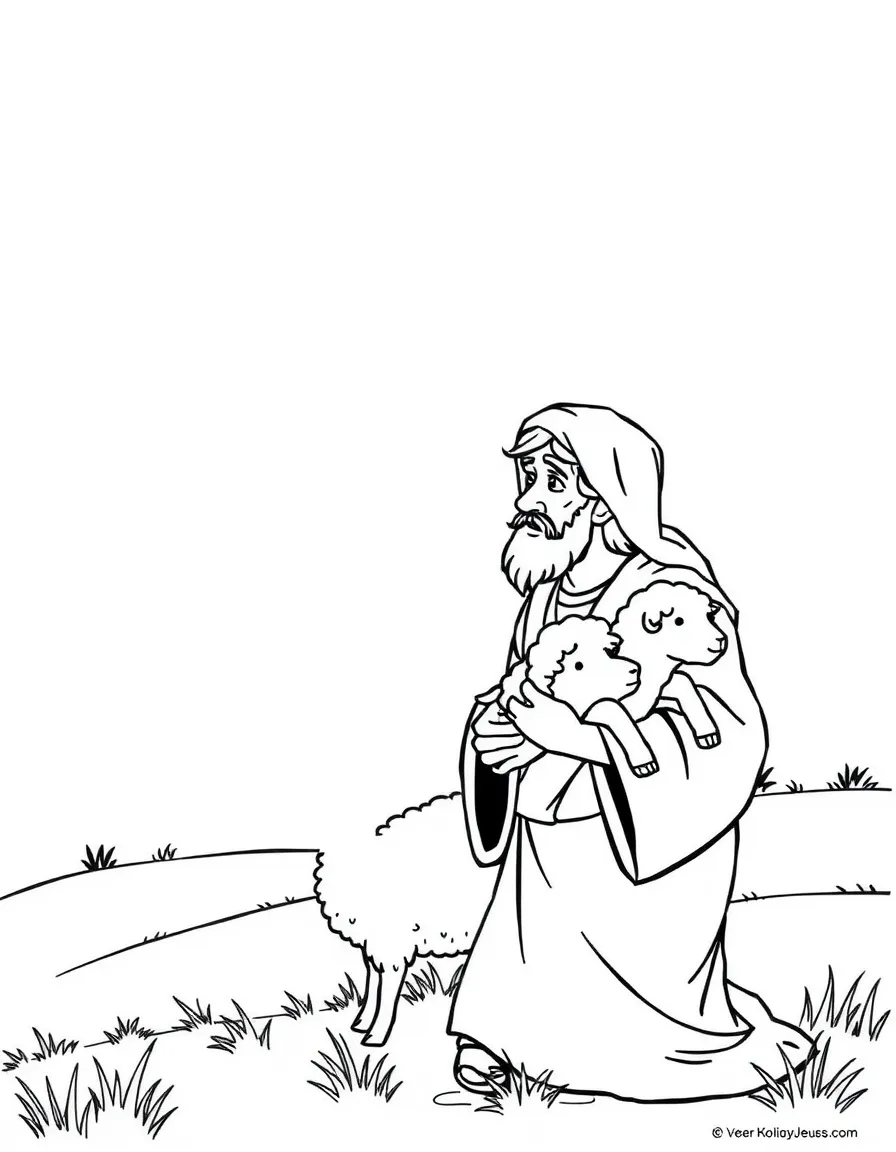 Jesus telling the parable of the lost sheep, with a shepherd carrying a lamb.