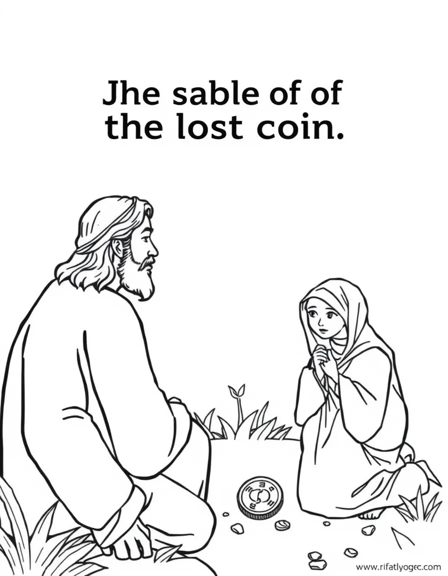 Jesus telling the parable of the lost coin, with a woman searching.