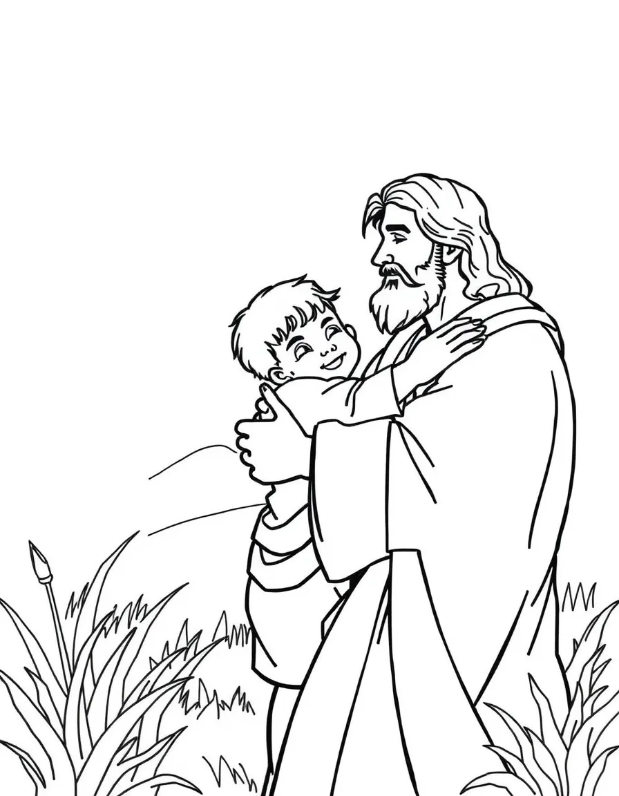 Jesus telling the parable of the prodigal son, with a father hugging his son.