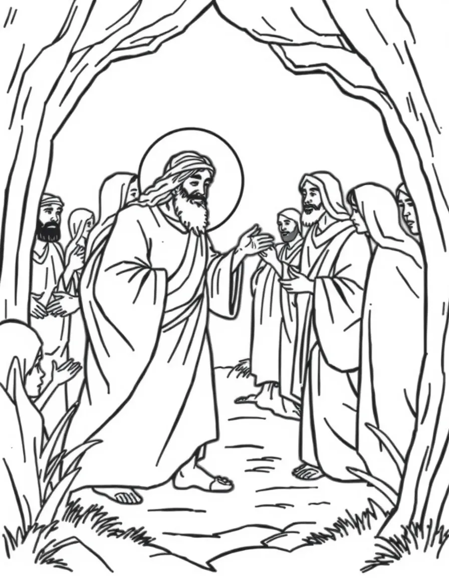 Jesus healing ten lepers, with one returning to say thank you.
