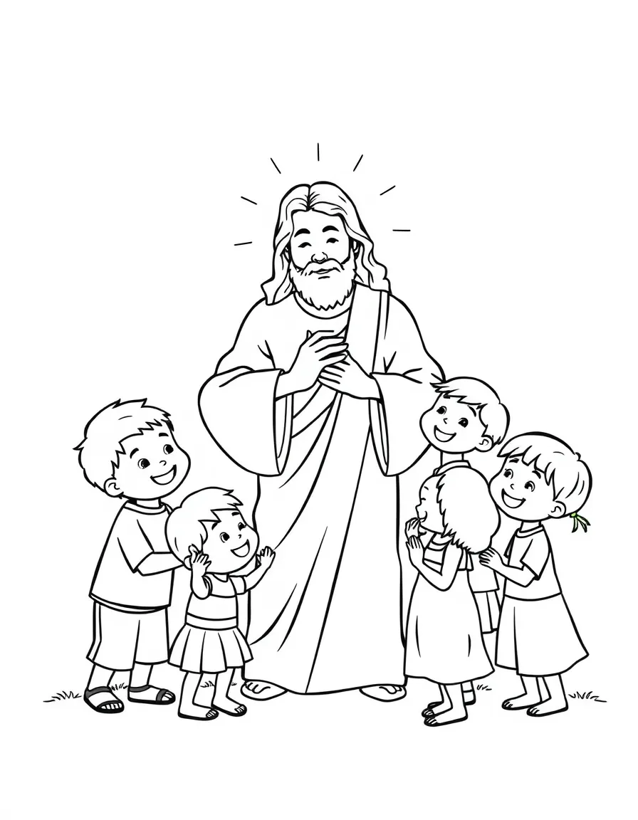 Jesus blessing the children, with happy kids around him.