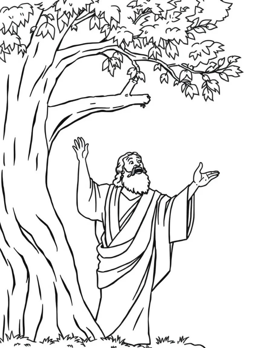 Jesus meeting Zacchaeus, who is climbing a tree to see him.