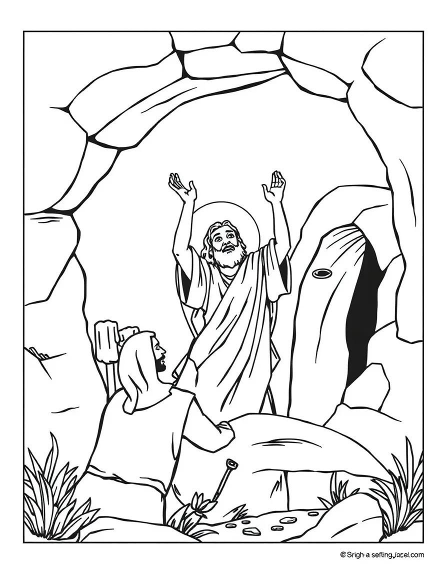 Jesus raising Lazarus from the dead, with Lazarus coming out of the tomb.