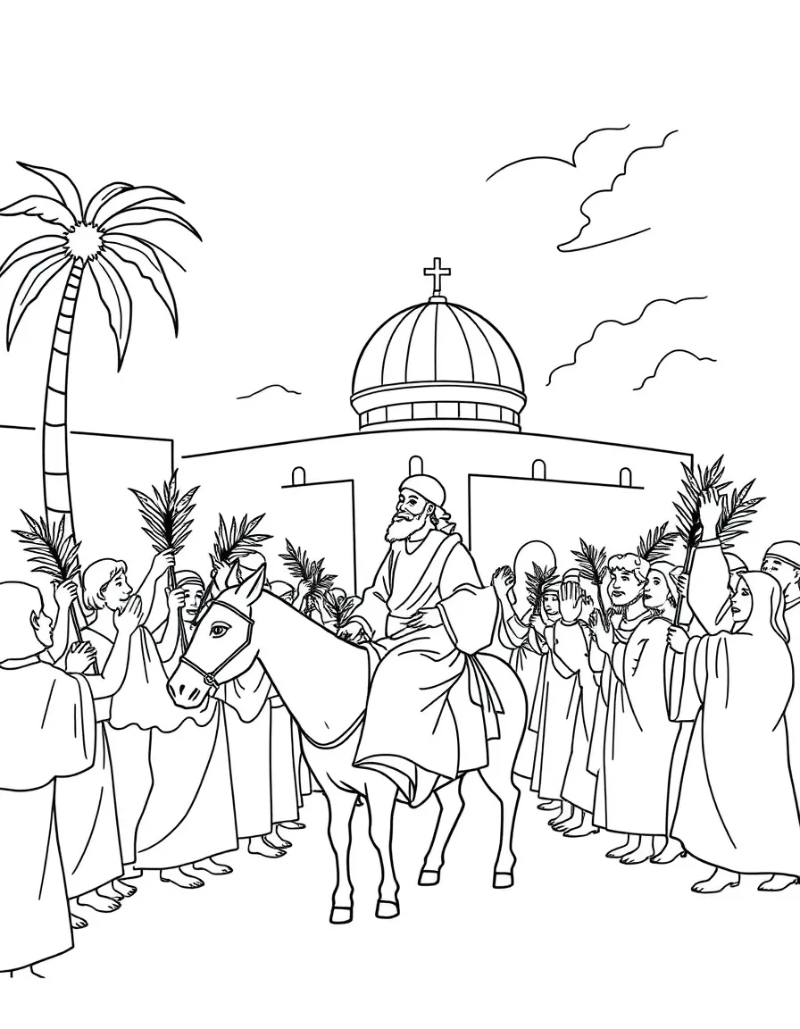 Jesus entering Jerusalem on a donkey, with people waving palm branches.