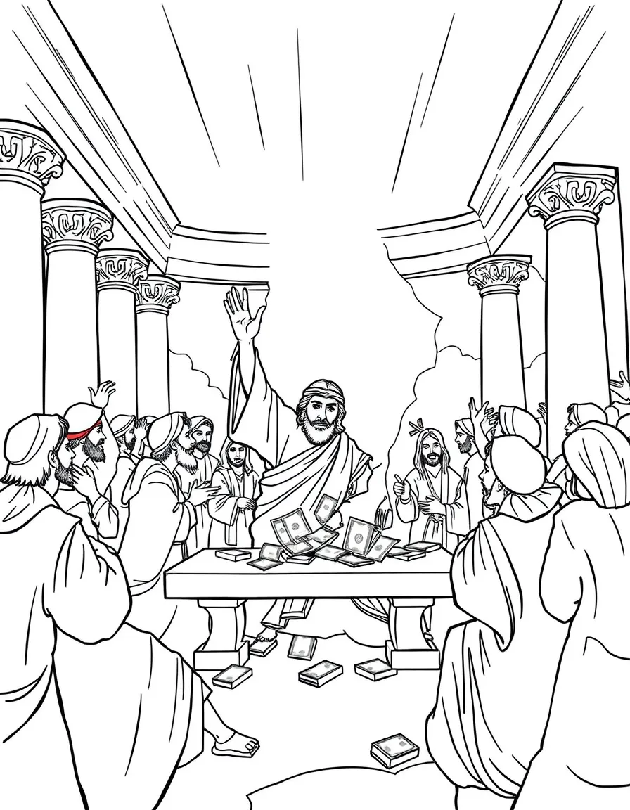 Jesus overturning the tables of the money changers in the temple.