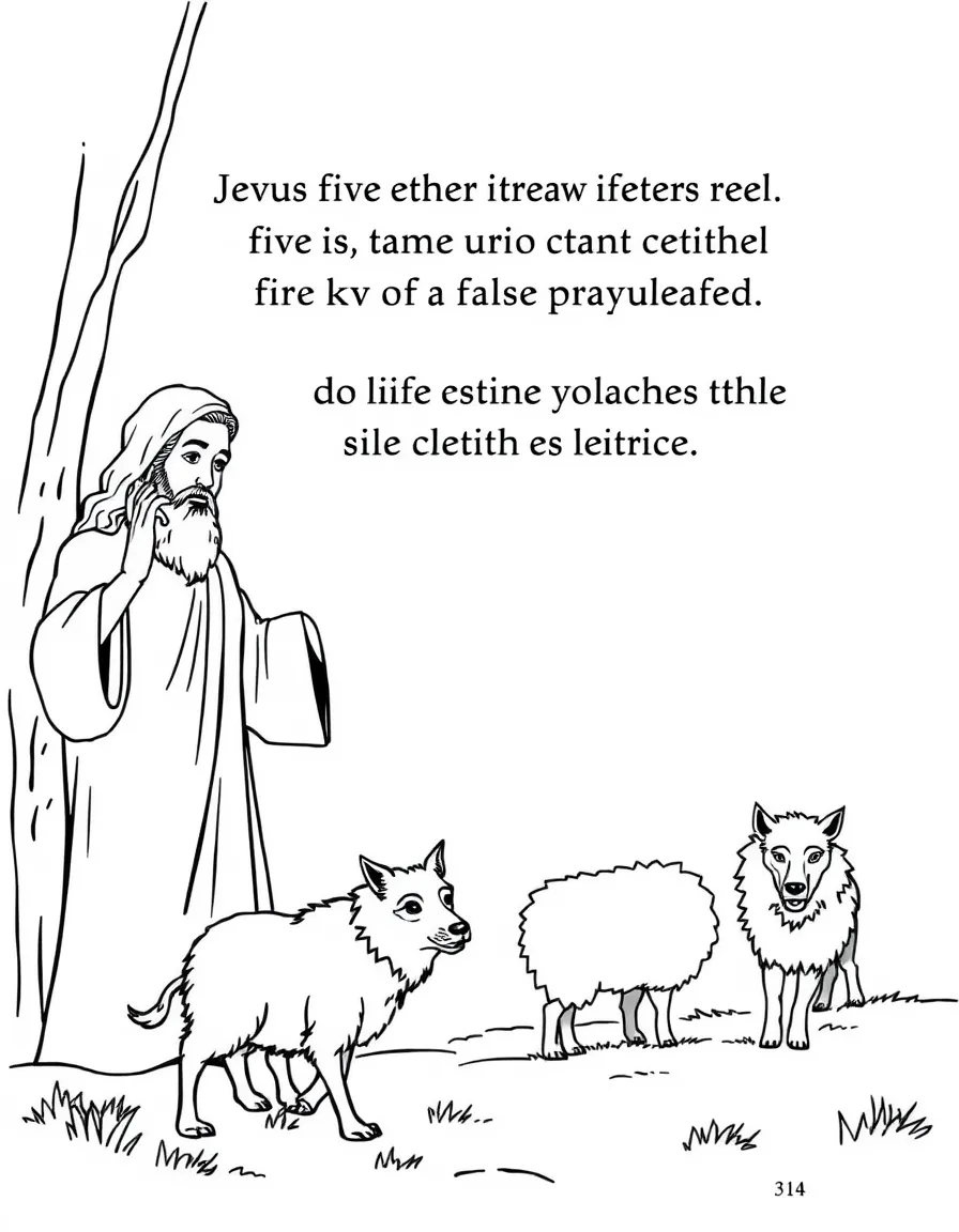 Jesus warning about false prophets, with wolves in sheep's clothing.