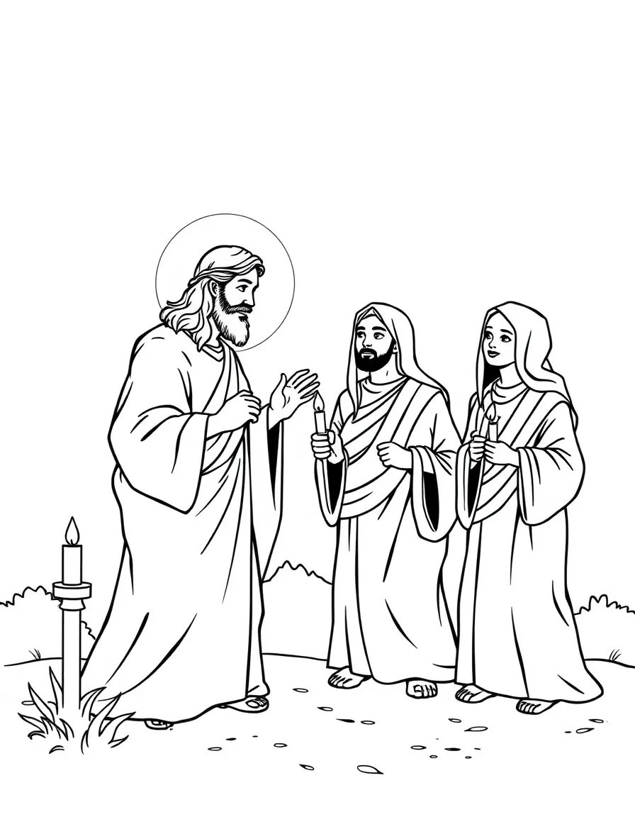 Jesus telling the parable of the ten virgins, with lamps ready.