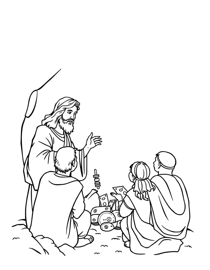 Jesus telling the parable of the talents, with people investing money.