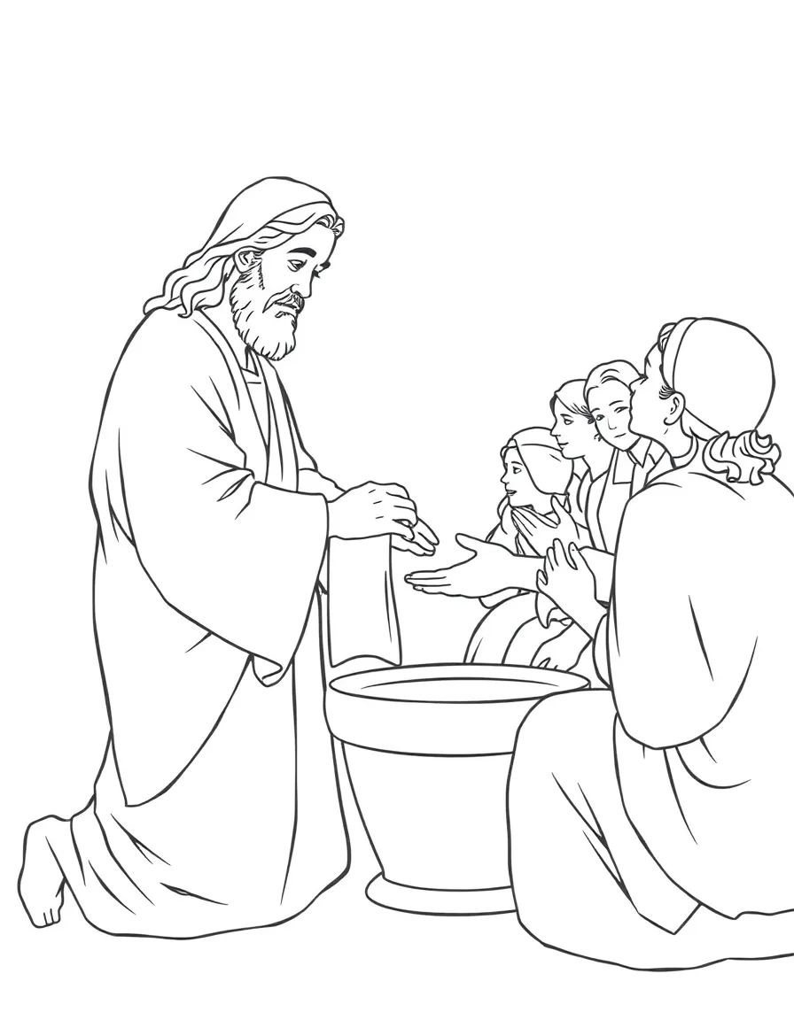 Jesus washing the feet of his disciples, with a towel and basin.