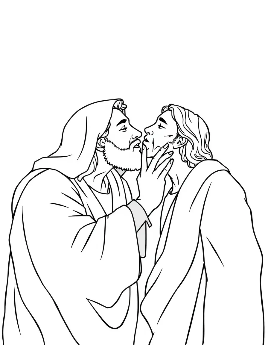 Judas betraying Jesus with a kiss.
