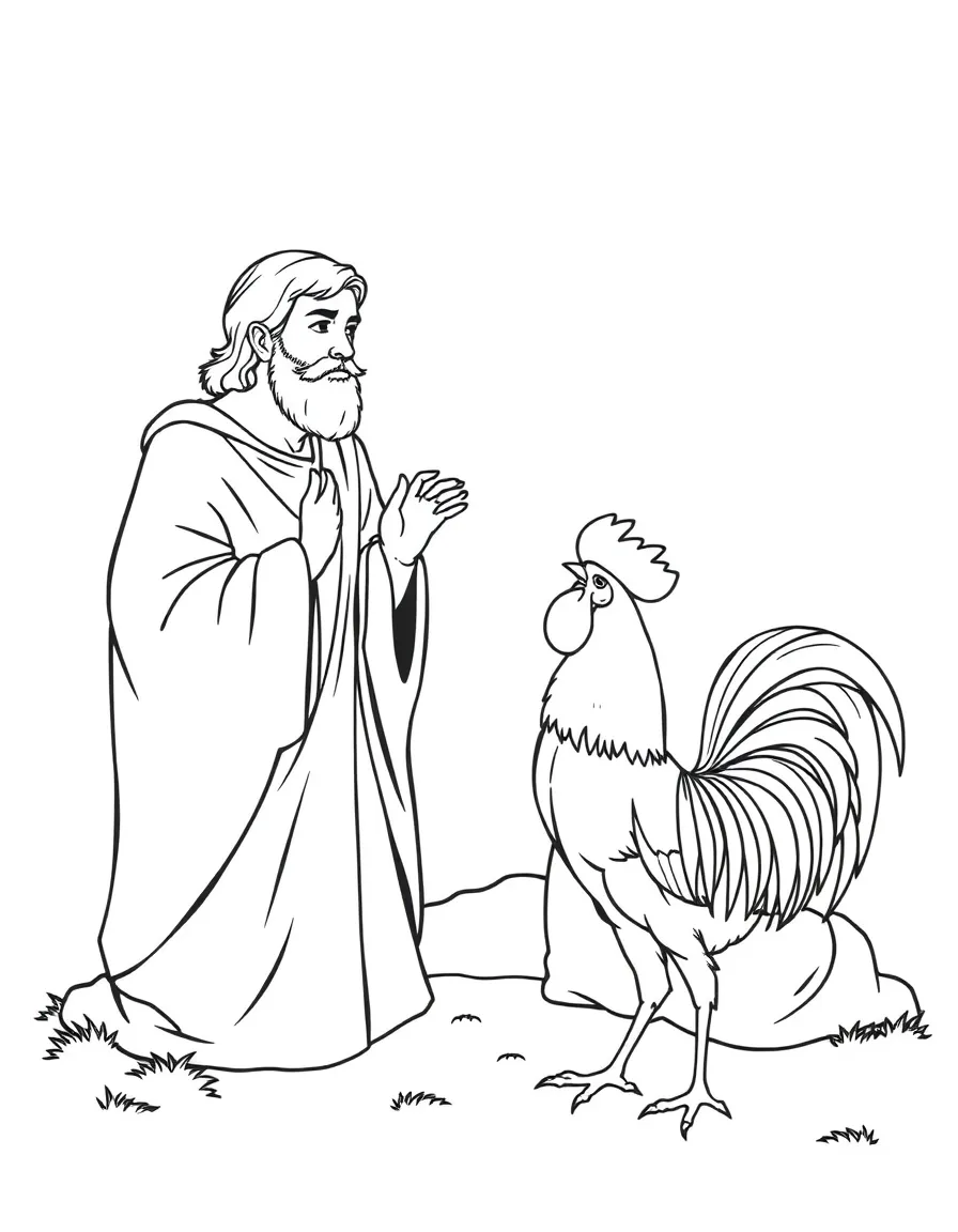 Peter denying Jesus three times, with a rooster crowing.