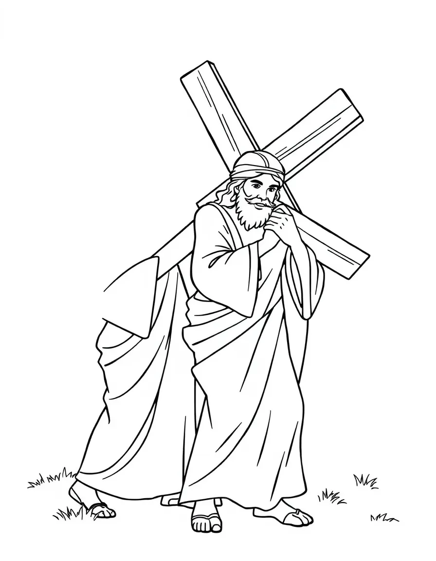 Simon of Cyrene helping Jesus carry the cross.