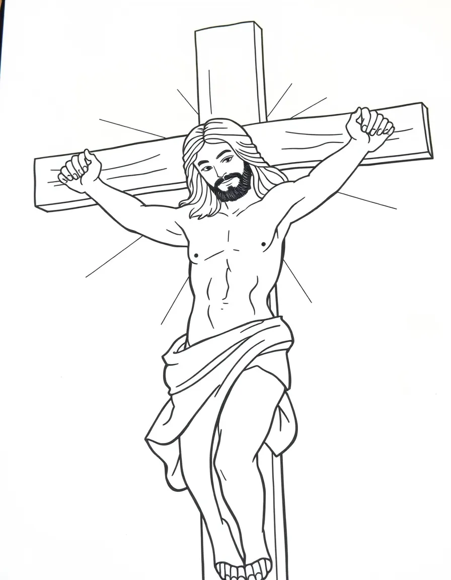 Jesus being crucified on the cross, with a peaceful expression.