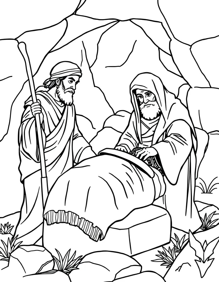 Joseph of Arimathea and Nicodemus taking Jesus' body to the tomb.
