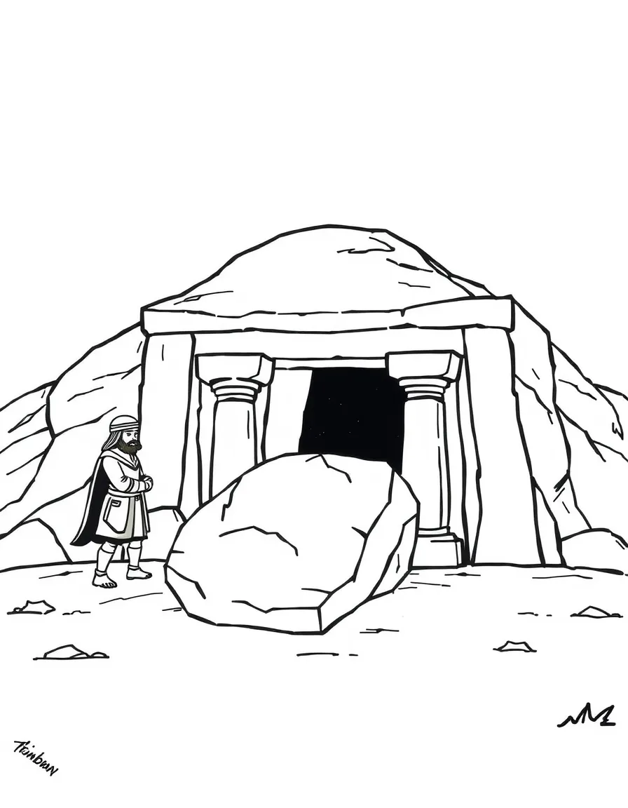 The stone being rolled in front of the tomb, with guards.