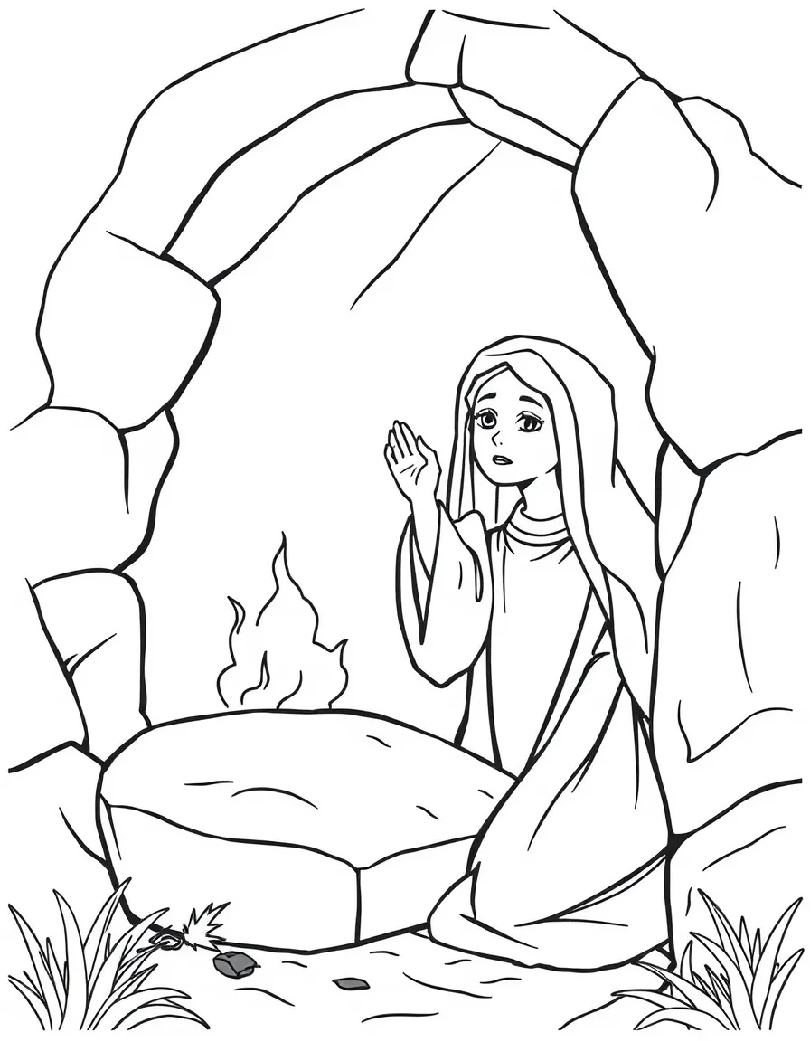 Mary Magdalene discovering the empty tomb, looking surprised.