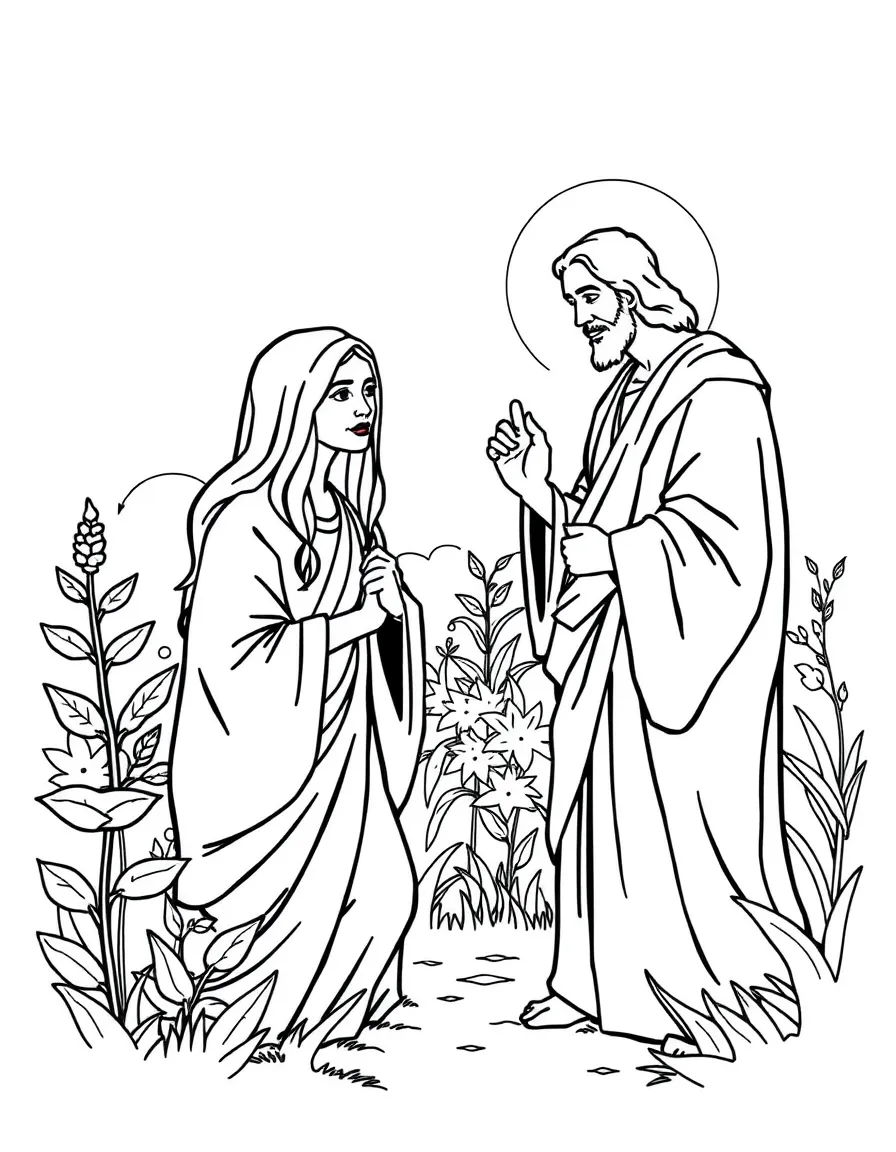 Jesus appearing to Mary Magdalene in the garden, and she recognizes him.