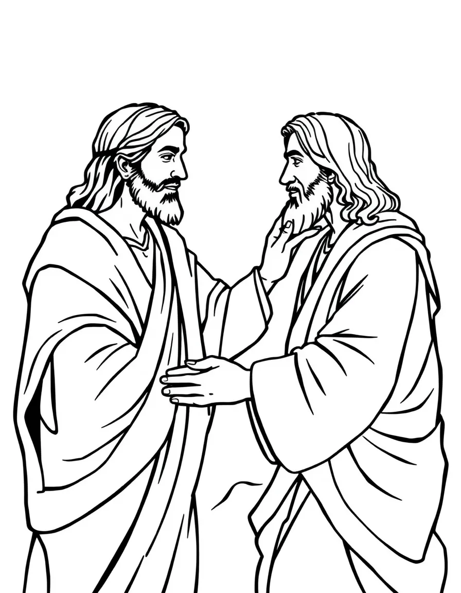 Thomas touching Jesus' wounds, believing.