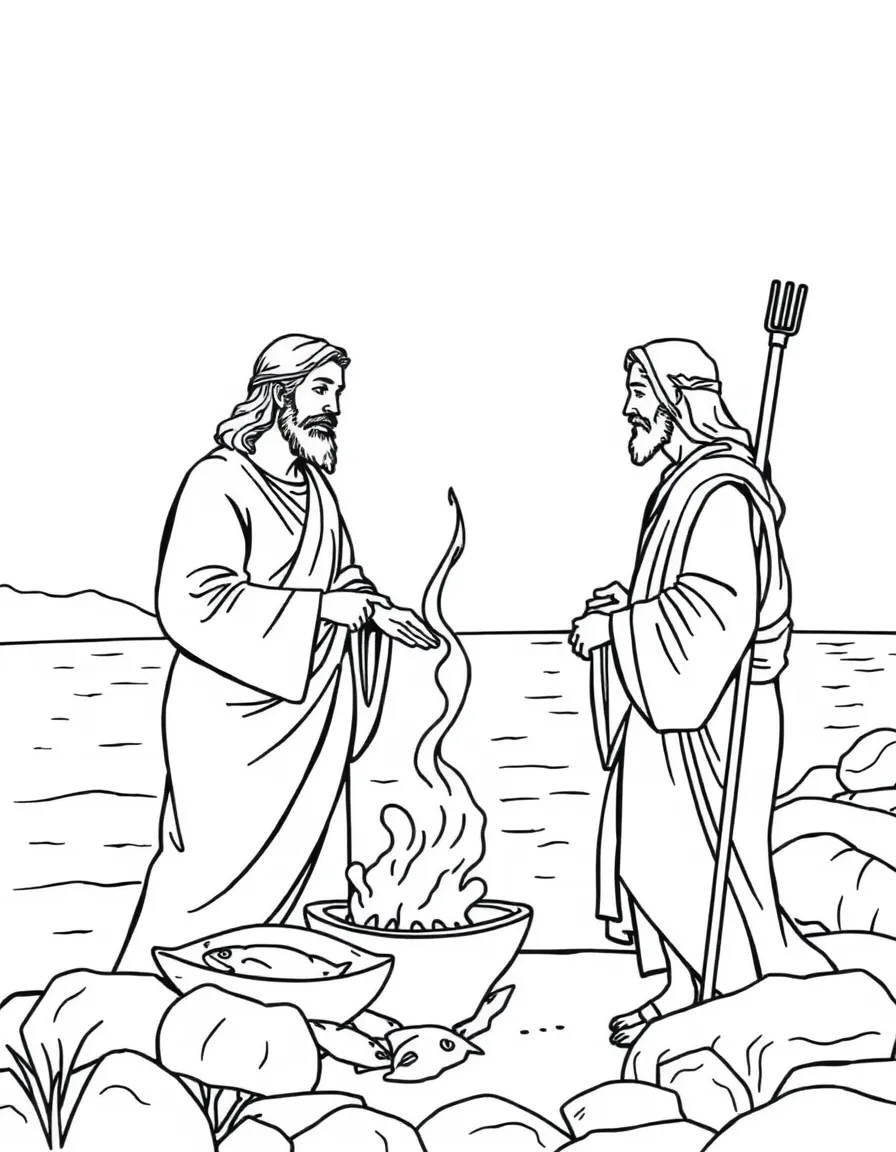 Jesus appearing to the disciples by the Sea of Galilee, cooking fish.
