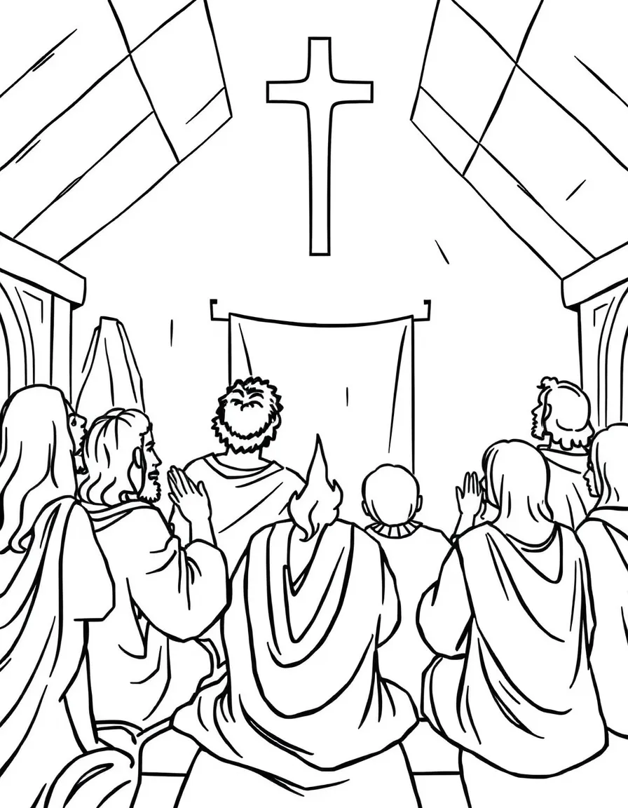 The disciples gathered in the upper room, waiting for the Holy Spirit.