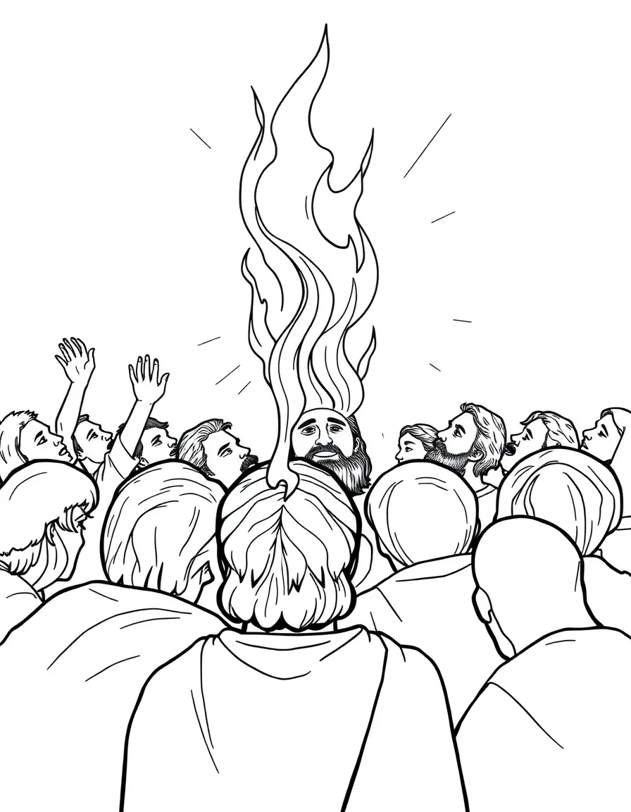 Tongues of fire appearing on the disciples' heads at Pentecost.