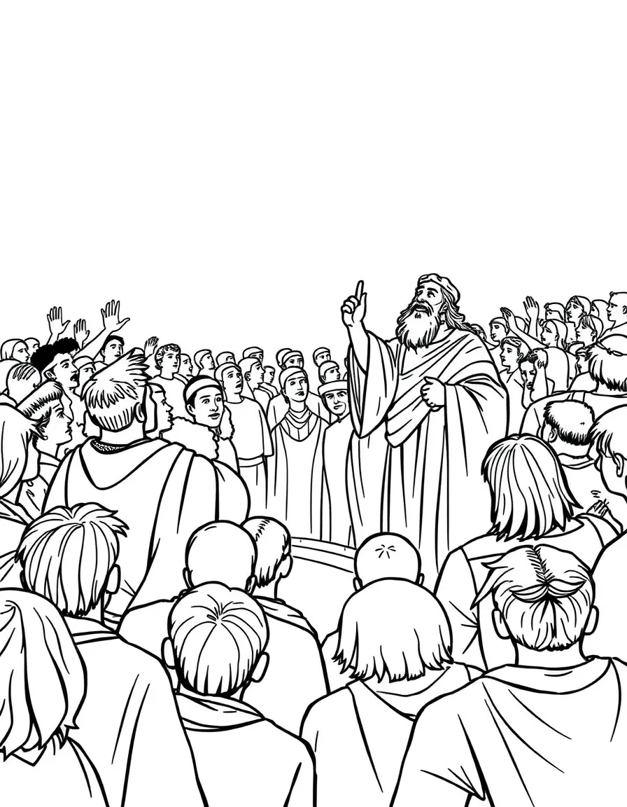 Peter preaching powerfully, with many people listening and repenting.