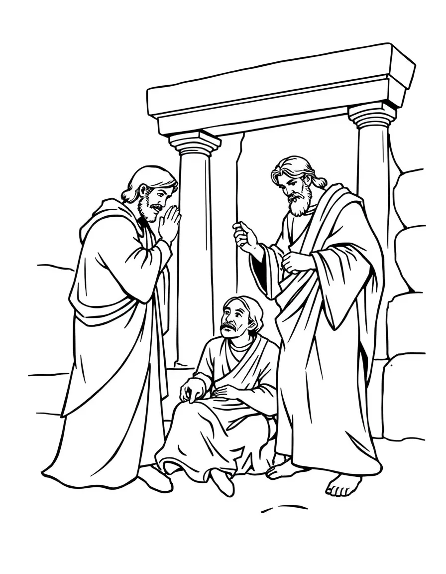 Peter and John healing a lame beggar at the temple gate.
