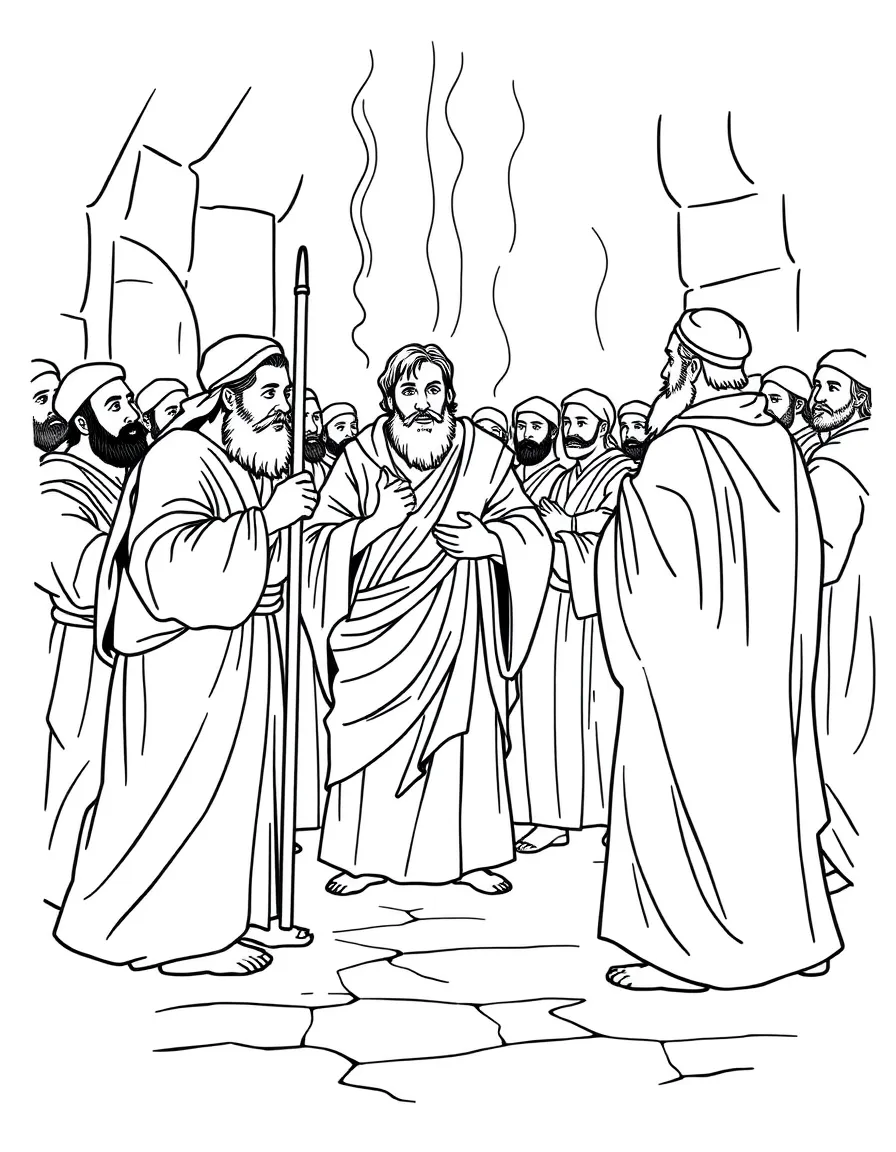 Peter and John being arrested and standing before the Sanhedrin.