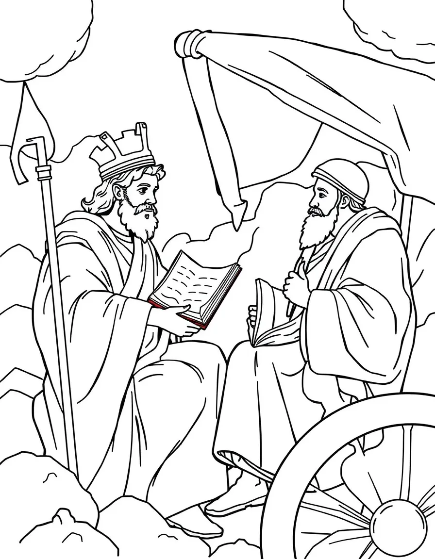 Philip explaining the Scripture to the Ethiopian eunuch in a chariot.