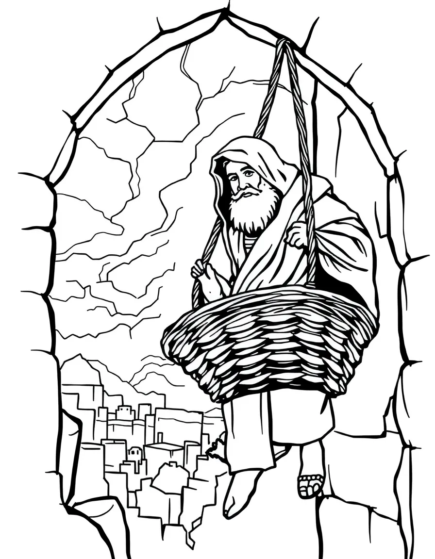 Paul escaping Damascus in a basket lowered from the wall.