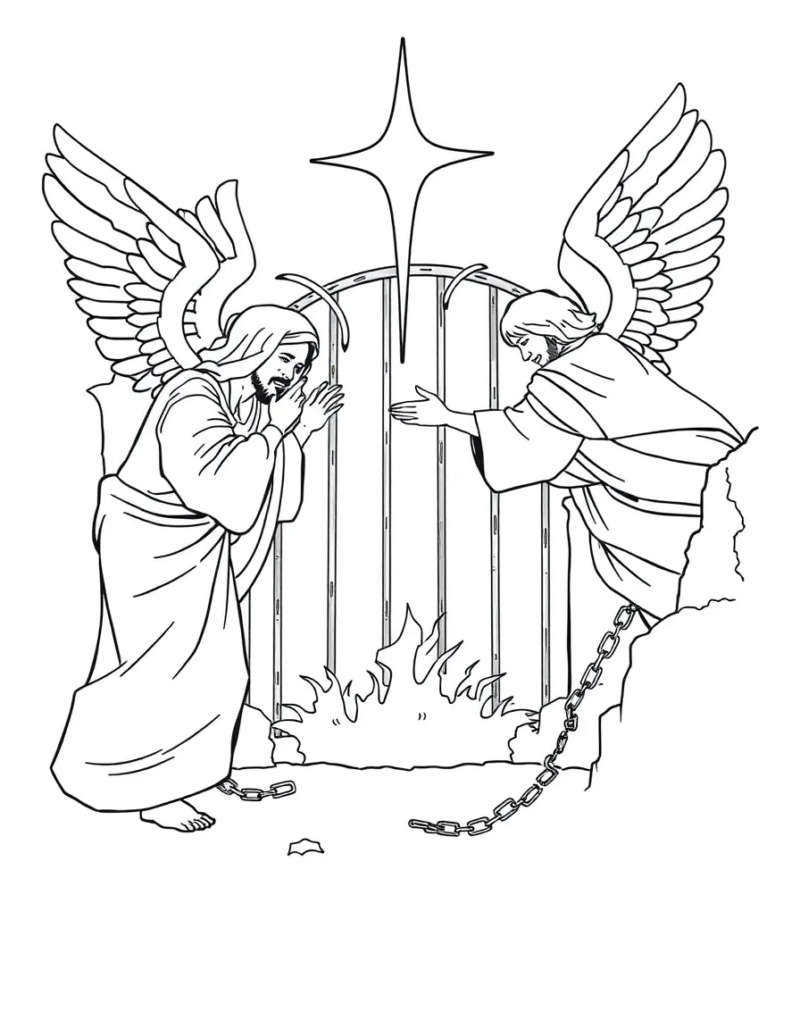 Angels breaking Peter out of prison, with chains falling off.